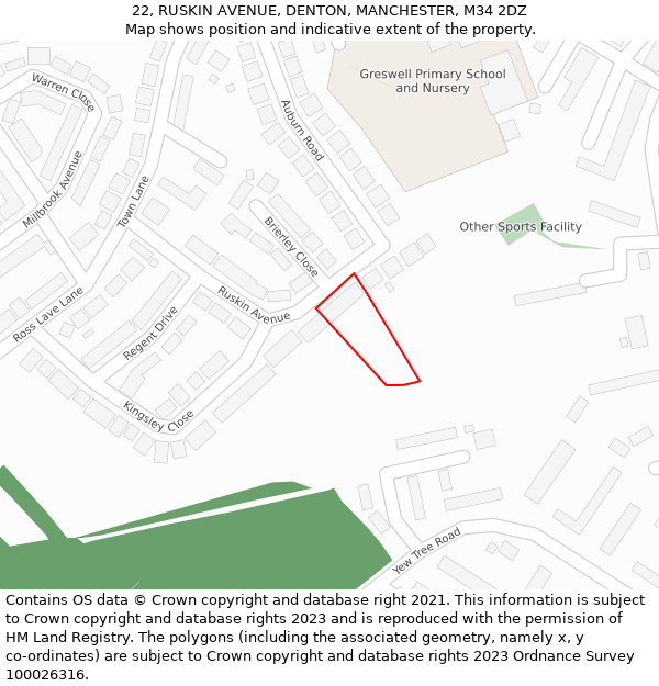 22, RUSKIN AVENUE, DENTON, MANCHESTER, M34 2DZ: Location map and indicative extent of plot