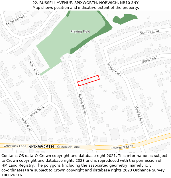 22, RUSSELL AVENUE, SPIXWORTH, NORWICH, NR10 3NY: Location map and indicative extent of plot