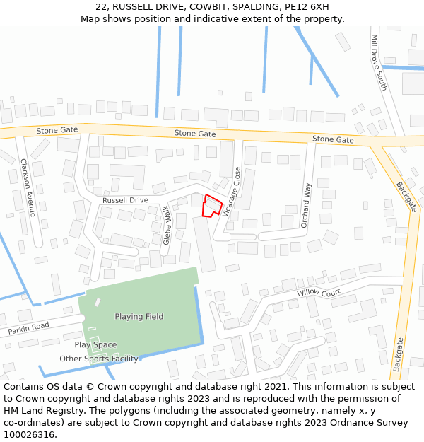 22, RUSSELL DRIVE, COWBIT, SPALDING, PE12 6XH: Location map and indicative extent of plot