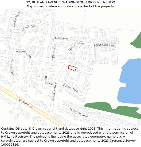 22, RUTLAND AVENUE, WADDINGTON, LINCOLN, LN5 9FW: Location map and indicative extent of plot