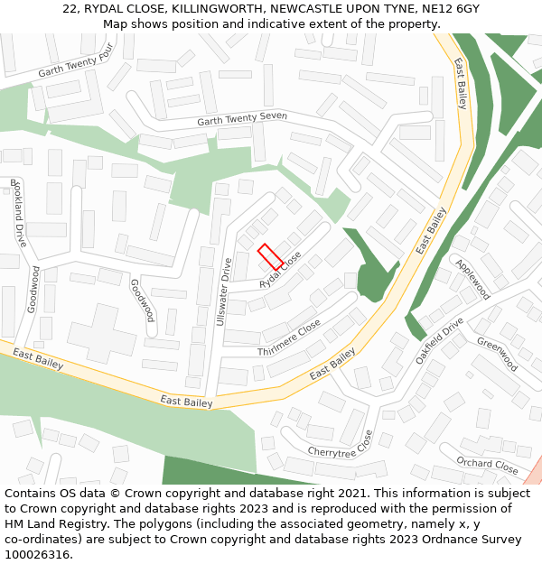 22, RYDAL CLOSE, KILLINGWORTH, NEWCASTLE UPON TYNE, NE12 6GY: Location map and indicative extent of plot