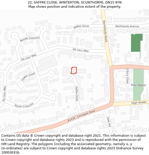 22, SAFFRE CLOSE, WINTERTON, SCUNTHORPE, DN15 9YN: Location map and indicative extent of plot