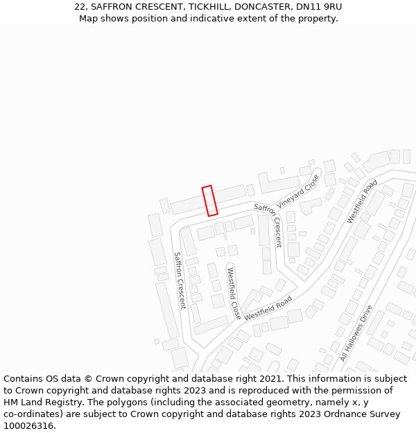 22, SAFFRON CRESCENT, TICKHILL, DONCASTER, DN11 9RU: Location map and indicative extent of plot