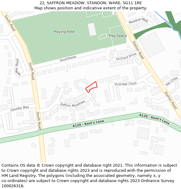 22, SAFFRON MEADOW, STANDON, WARE, SG11 1RE: Location map and indicative extent of plot