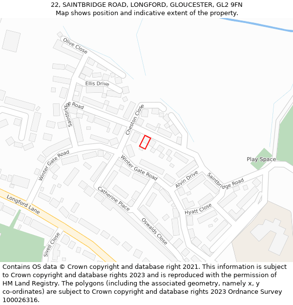 22, SAINTBRIDGE ROAD, LONGFORD, GLOUCESTER, GL2 9FN: Location map and indicative extent of plot