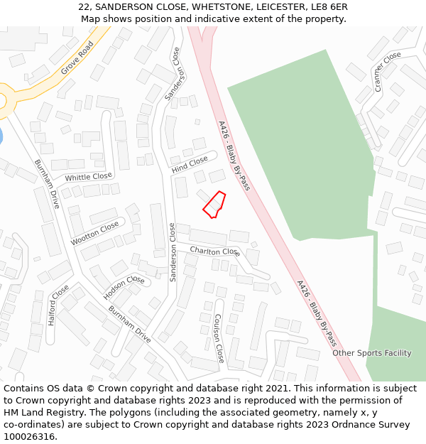 22, SANDERSON CLOSE, WHETSTONE, LEICESTER, LE8 6ER: Location map and indicative extent of plot
