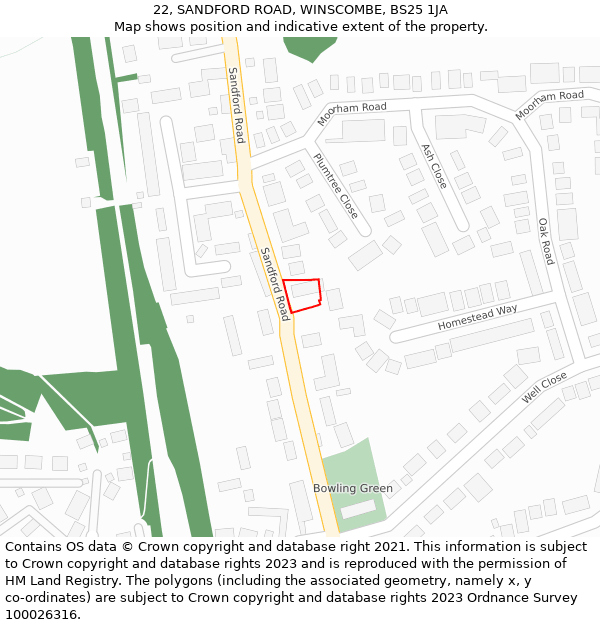 22, SANDFORD ROAD, WINSCOMBE, BS25 1JA: Location map and indicative extent of plot