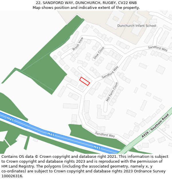 22, SANDFORD WAY, DUNCHURCH, RUGBY, CV22 6NB: Location map and indicative extent of plot