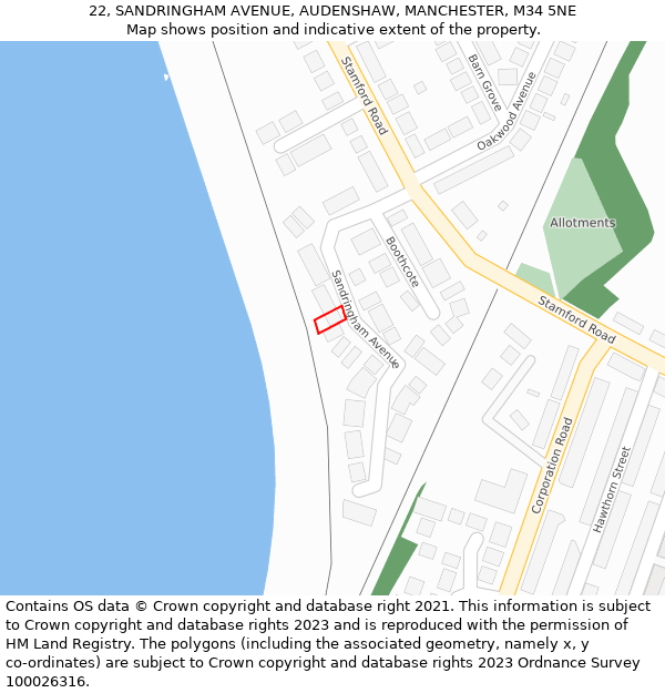 22, SANDRINGHAM AVENUE, AUDENSHAW, MANCHESTER, M34 5NE: Location map and indicative extent of plot