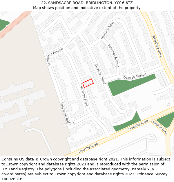 22, SANDSACRE ROAD, BRIDLINGTON, YO16 6TZ: Location map and indicative extent of plot