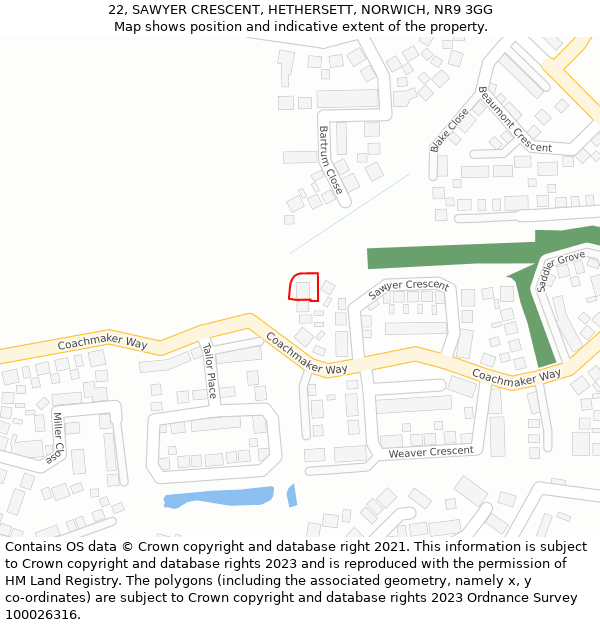 22, SAWYER CRESCENT, HETHERSETT, NORWICH, NR9 3GG: Location map and indicative extent of plot