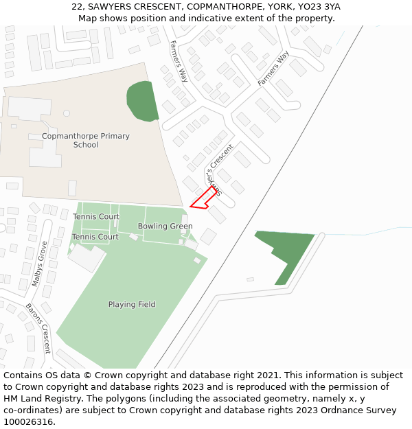 22, SAWYERS CRESCENT, COPMANTHORPE, YORK, YO23 3YA: Location map and indicative extent of plot