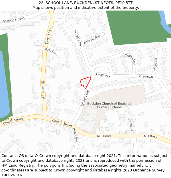 22, SCHOOL LANE, BUCKDEN, ST NEOTS, PE19 5TT: Location map and indicative extent of plot