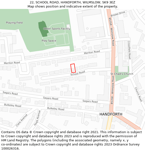 22, SCHOOL ROAD, HANDFORTH, WILMSLOW, SK9 3EZ: Location map and indicative extent of plot