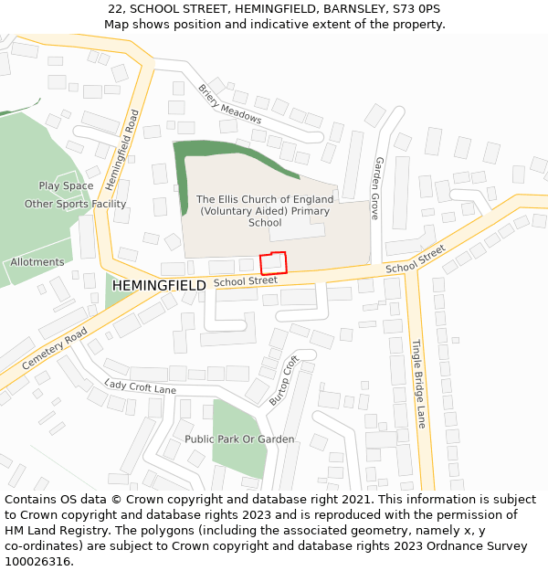 22, SCHOOL STREET, HEMINGFIELD, BARNSLEY, S73 0PS: Location map and indicative extent of plot