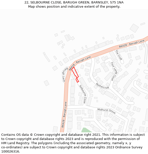 22, SELBOURNE CLOSE, BARUGH GREEN, BARNSLEY, S75 1NA: Location map and indicative extent of plot