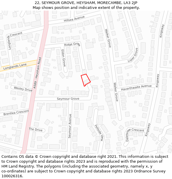 22, SEYMOUR GROVE, HEYSHAM, MORECAMBE, LA3 2JP: Location map and indicative extent of plot