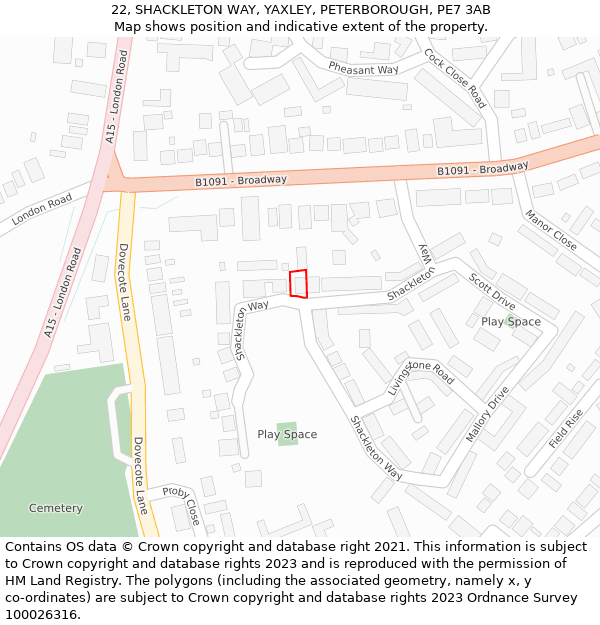 22, SHACKLETON WAY, YAXLEY, PETERBOROUGH, PE7 3AB: Location map and indicative extent of plot