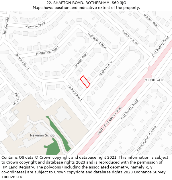 22, SHAFTON ROAD, ROTHERHAM, S60 3JG: Location map and indicative extent of plot