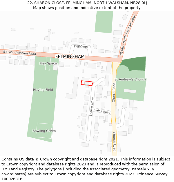 22, SHARON CLOSE, FELMINGHAM, NORTH WALSHAM, NR28 0LJ: Location map and indicative extent of plot