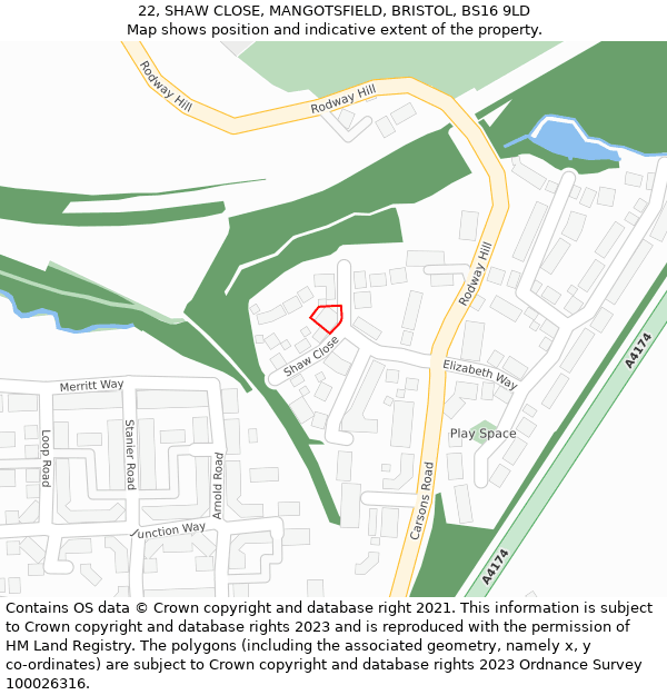 22, SHAW CLOSE, MANGOTSFIELD, BRISTOL, BS16 9LD: Location map and indicative extent of plot