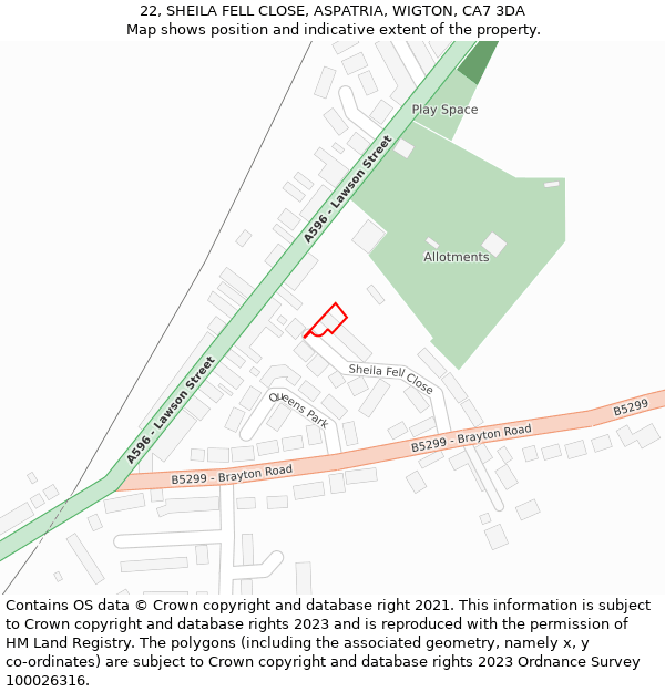 22, SHEILA FELL CLOSE, ASPATRIA, WIGTON, CA7 3DA: Location map and indicative extent of plot