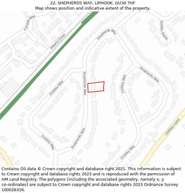 22, SHEPHERDS WAY, LIPHOOK, GU30 7HF: Location map and indicative extent of plot