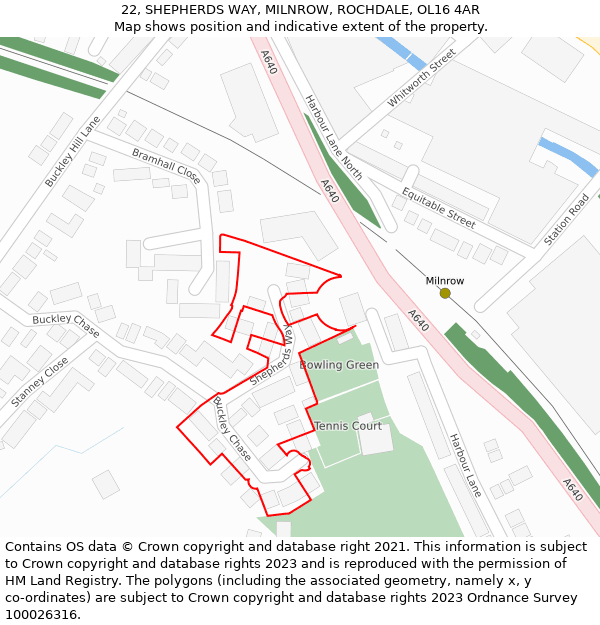 22, SHEPHERDS WAY, MILNROW, ROCHDALE, OL16 4AR: Location map and indicative extent of plot