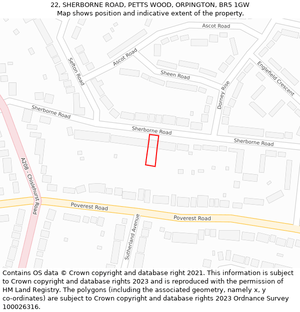 22, SHERBORNE ROAD, PETTS WOOD, ORPINGTON, BR5 1GW: Location map and indicative extent of plot
