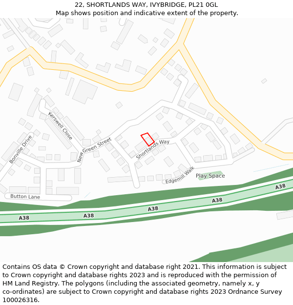 22, SHORTLANDS WAY, IVYBRIDGE, PL21 0GL: Location map and indicative extent of plot