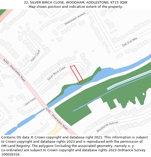 22, SILVER BIRCH CLOSE, WOODHAM, ADDLESTONE, KT15 3QW: Location map and indicative extent of plot