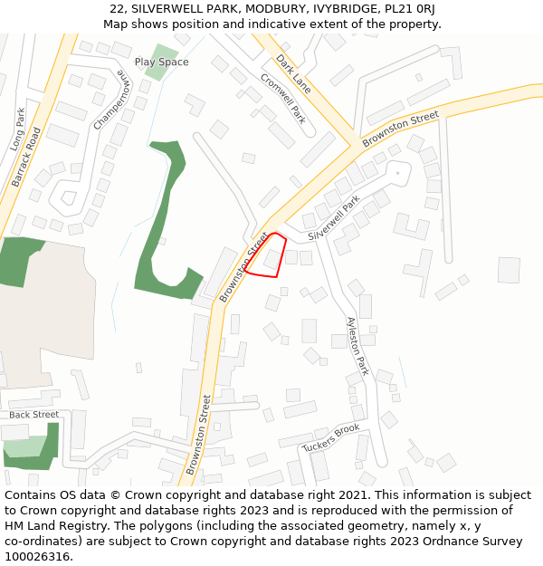 22, SILVERWELL PARK, MODBURY, IVYBRIDGE, PL21 0RJ: Location map and indicative extent of plot