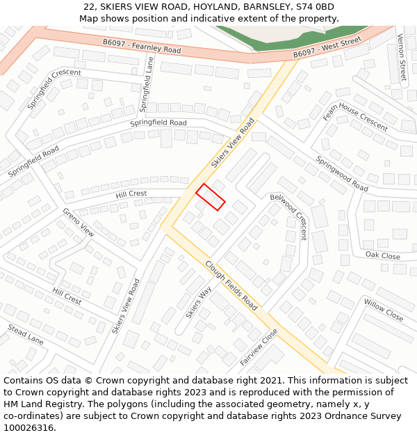 22, SKIERS VIEW ROAD, HOYLAND, BARNSLEY, S74 0BD: Location map and indicative extent of plot