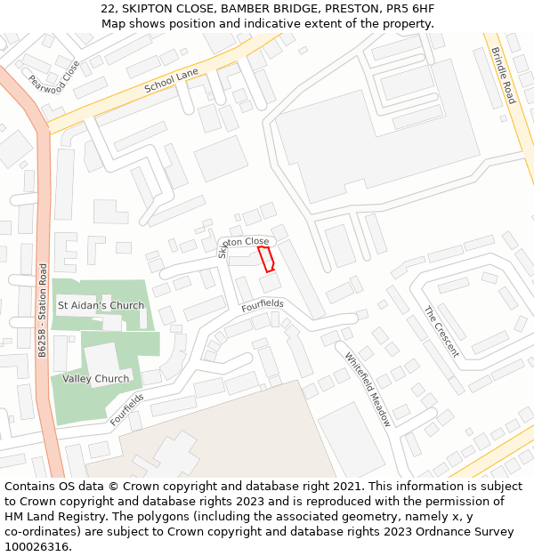22, SKIPTON CLOSE, BAMBER BRIDGE, PRESTON, PR5 6HF: Location map and indicative extent of plot