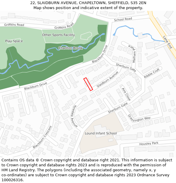 22, SLAIDBURN AVENUE, CHAPELTOWN, SHEFFIELD, S35 2EN: Location map and indicative extent of plot