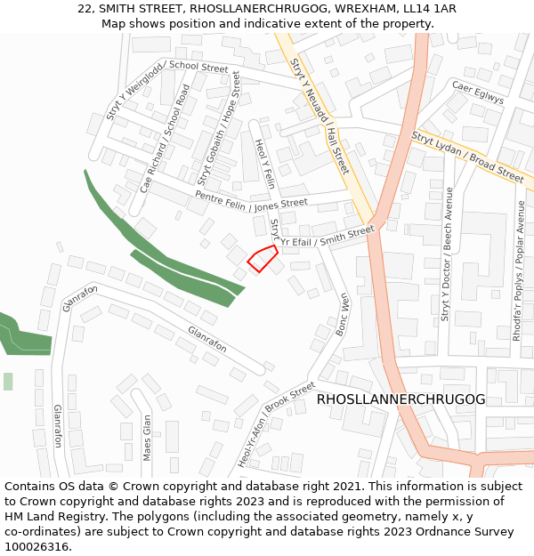 22, SMITH STREET, RHOSLLANERCHRUGOG, WREXHAM, LL14 1AR: Location map and indicative extent of plot