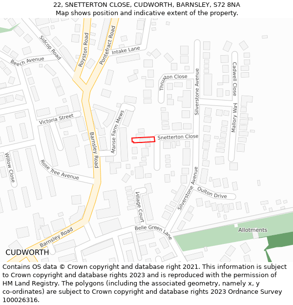 22, SNETTERTON CLOSE, CUDWORTH, BARNSLEY, S72 8NA: Location map and indicative extent of plot