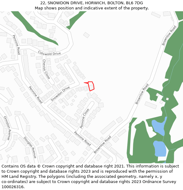 22, SNOWDON DRIVE, HORWICH, BOLTON, BL6 7DG: Location map and indicative extent of plot