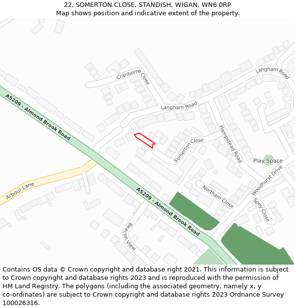 22, SOMERTON CLOSE, STANDISH, WIGAN, WN6 0RP: Location map and indicative extent of plot