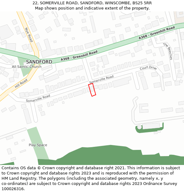 22, SOMERVILLE ROAD, SANDFORD, WINSCOMBE, BS25 5RR: Location map and indicative extent of plot