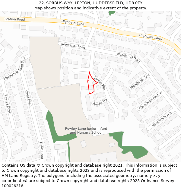22, SORBUS WAY, LEPTON, HUDDERSFIELD, HD8 0EY: Location map and indicative extent of plot