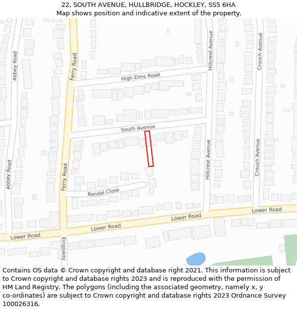 22, SOUTH AVENUE, HULLBRIDGE, HOCKLEY, SS5 6HA: Location map and indicative extent of plot