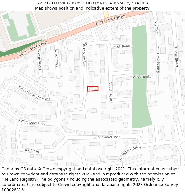 22, SOUTH VIEW ROAD, HOYLAND, BARNSLEY, S74 9EB: Location map and indicative extent of plot