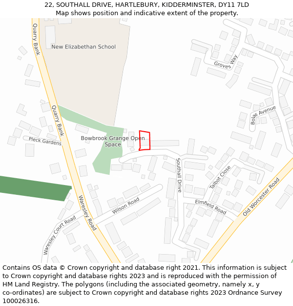 22, SOUTHALL DRIVE, HARTLEBURY, KIDDERMINSTER, DY11 7LD: Location map and indicative extent of plot