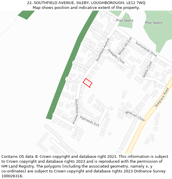 22, SOUTHFIELD AVENUE, SILEBY, LOUGHBOROUGH, LE12 7WQ: Location map and indicative extent of plot