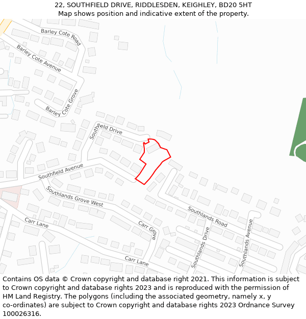 22, SOUTHFIELD DRIVE, RIDDLESDEN, KEIGHLEY, BD20 5HT: Location map and indicative extent of plot