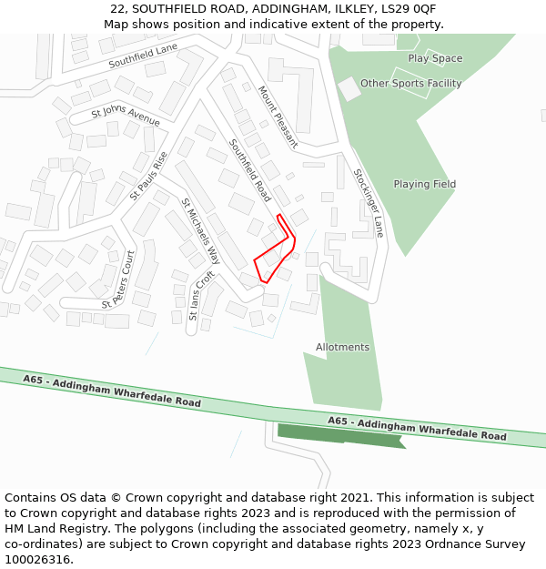 22, SOUTHFIELD ROAD, ADDINGHAM, ILKLEY, LS29 0QF: Location map and indicative extent of plot