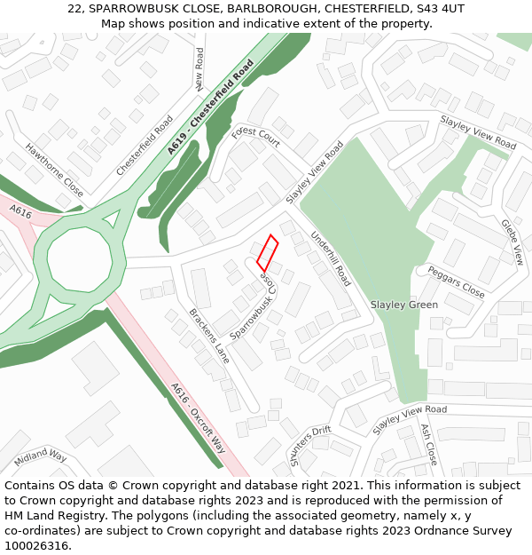 22, SPARROWBUSK CLOSE, BARLBOROUGH, CHESTERFIELD, S43 4UT: Location map and indicative extent of plot