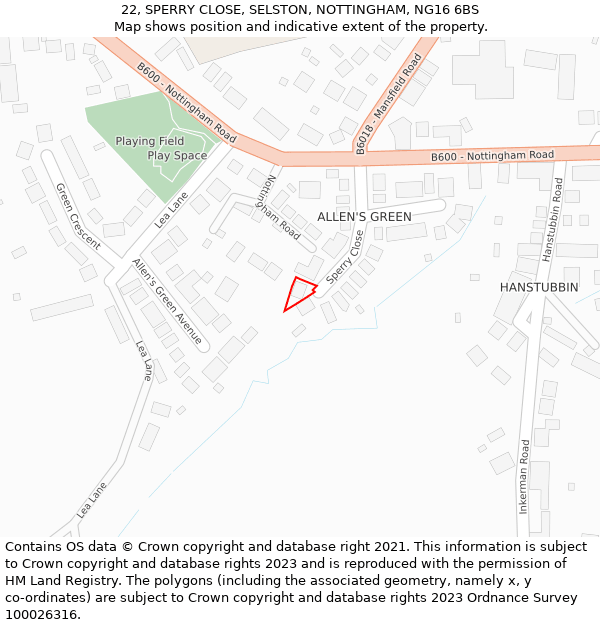 22, SPERRY CLOSE, SELSTON, NOTTINGHAM, NG16 6BS: Location map and indicative extent of plot