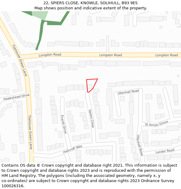 22, SPIERS CLOSE, KNOWLE, SOLIHULL, B93 9ES: Location map and indicative extent of plot